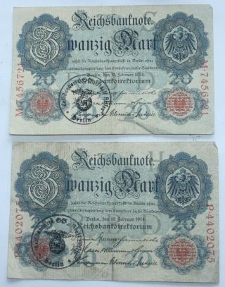 1 X Germany Banknote.  20 Mark.  1914.  " Leibstandarte " Stamp.  Very Rare.
