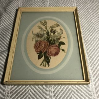 9 Inch Vintage Floral Bouquet Wall Art Blue Mat Framed