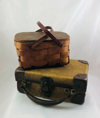 Vintage Dollhouse Furniture Suitcase W/metal Straps & Woven Wicker Picnic Basket