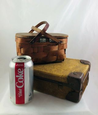 Vintage Dollhouse Furniture Suitcase w/Metal Straps & Woven Wicker Picnic Basket 2