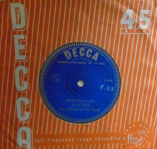 Billy Fury ‎– Wondrous Place.  Rare 7 " Vinyl [one Sided] Demo 45.  Drf 27243.  Vg.