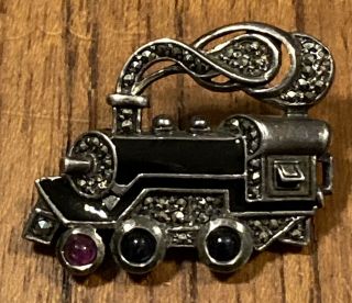 Vintage Rare Sterling Silver Marcasite Onyx / Jet Steam Locomotive Train Brooch 2