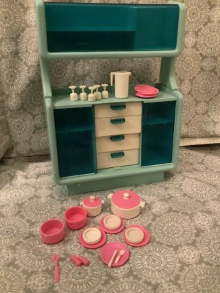 Vintage Barbie Dream House Blue Dining Room Hutch Cabinet Unit With Dishes