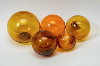 Antique Vintage Japanese Fishing Hand Blown Glass Floats Buoys Amber - 5
