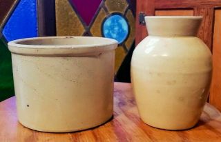 2 Smaller Vintage Stoneware Crocks Vase Redwing?
