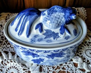 Antique Hand Painted Blue / White Ceramic Koi Fish Covered Soup Tureen