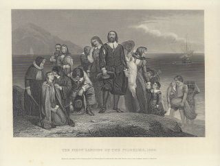 First Landing Of The Pilgrims 1867 Antique Steel Engraving Art Print