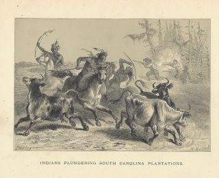 Indians Plunder South Carolina Plantation Bow & Arrows Horses Antique Engraving