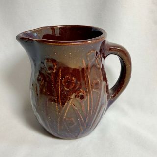 Antique Vintage Stoneware Pitcher With Brown Flowers & Grass 4 1/8” Tall