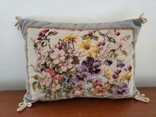Vintage Petit Point Needlepoint Floral Pillow H11.  5xw15