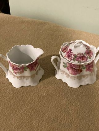 Antique Bavarian Porcelain Creamer & Sugar Bowl / Roses / Z S & C Comp