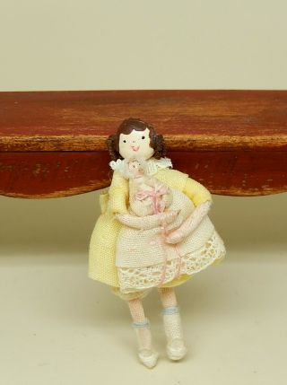Vintage Teeny Tiny Little Girl Toy Doll W Baby Artisan Dollhouse Miniature 1:12