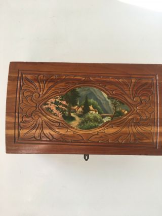 Vintage Carved Wood Storage Jewelry Trinket Box Hinged Lid Mirror Antique