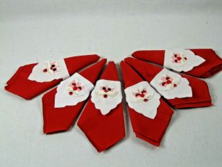 Vintage Red Santa Clause Handmade Rings Table Linens,  Set Of 6 Napkins