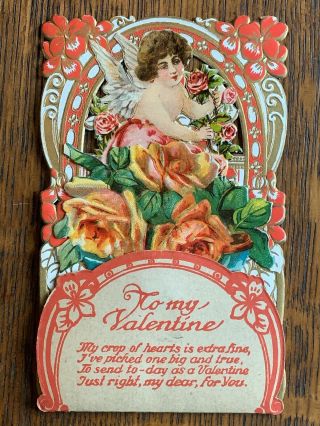 Antique Victorian Valentine Card Fold - Out 3d Angel Roses Made In Germany