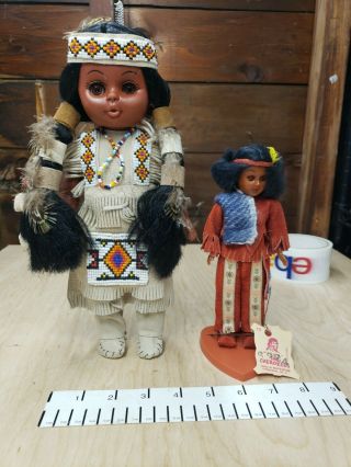 Pair Vtg Carlson Dolls & Qualla Cherokee Native American Indian Sleepy Eye Dolls
