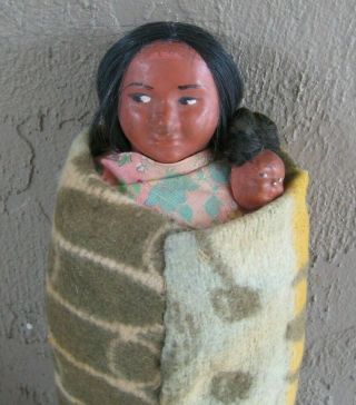 Antique Skookum Indian Doll With Baby 15 " Tall Composition With Wood Feet