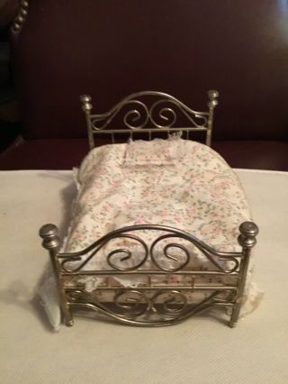 Vintage Miniature Dollhouse Brass Bed With Mattress