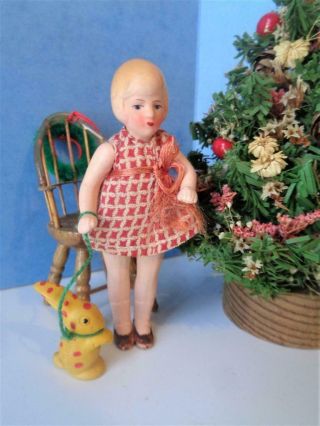 Antique German Dollhouse Doll 3.  5 " Miniature Girl With Rabbit Marked Germany