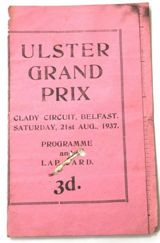 1937 Ulster Grand Prix Programme Card Clady Circuit Belfast 21.  08.  37.  Very Rare