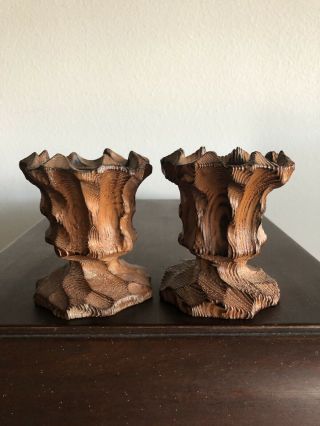 Set Of 2 Vintage Wood Carved Candle Holders Mid Century Modern 4” T