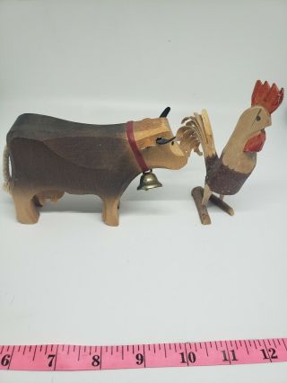Folk Art Carved Wood Cow Primitive Chicken Farmhouse Sculpture Figurine Rustic