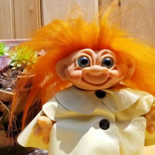 Vintage Thomas Dam Troll Doll Bank Orange Hair Green Eyes Wearing A Raincoat