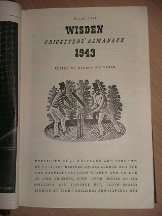 Wisden 1943 Rebind Without Covers,  Very Rare Year