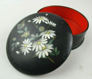 Vintage Black Lacquered Trinket Jewellery Box With Hand Painted Floral Design