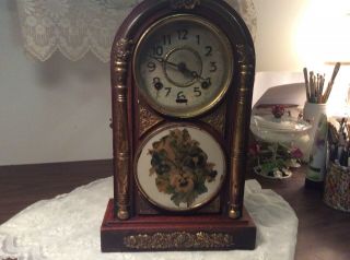 Very Old Large Antique Clock Ornate Brass Trim Porcelain Hand Painted Flowers