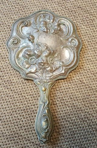 Antique/vintage Art Nouveau Silver Plated Hand Mirror Flower Motif