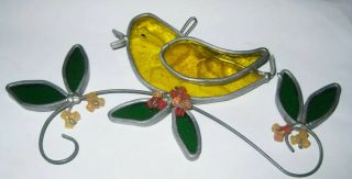 Vintage Stained Glass Window Sun Catcher Cheerful Yellow Bird Leaves 7 "