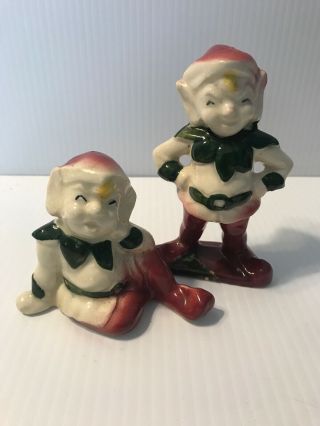 Vintage Rare Ceramic Pixie Elf Figurines Green White Red