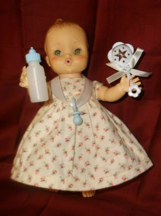 Sweet Vintage Effanbee Tiny Tubber Baby Doll 9” Molded Hair