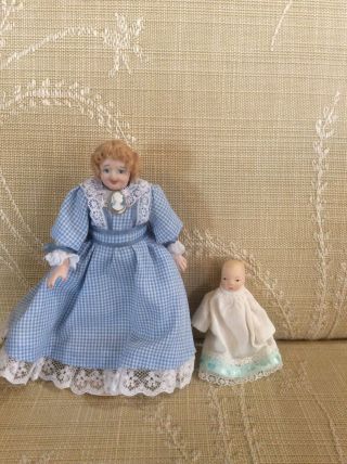 Vintage Porcelain Victorian Lady And Baby Doll Dollhouse Miniature,  Lady 5” Tall