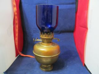 Antique Brass Color Oil Lamp W 2 Burner Cobalt Blue Globe