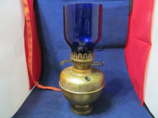 Antique Brass Color Oil Lamp W 2 Burner Cobalt blue globe 2