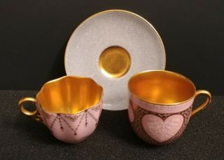 Vintage Rare 3 Pc Coalport Heart Demitasse Cups & Royal Worchester Saucer Gold