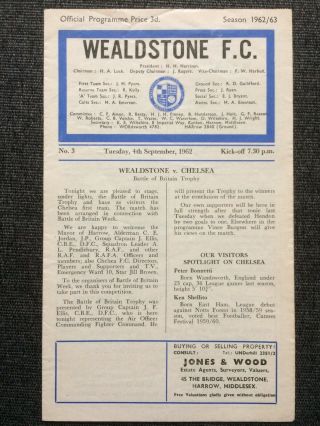 1962 Wealdstone V Chelsea - Rare Battle Of Britain Trophy - Near