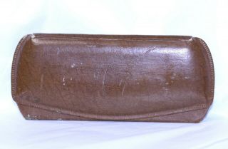 Antique Eye Glass Case Brown Leather Clamshell Hard Case Red Velvet Lined 5 1/4 "