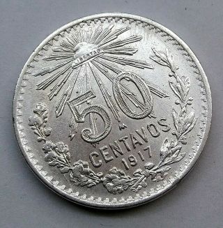Mexico 50 Centavos 1917 Rare.  800 Silver Coin " Cap & Rays " Low