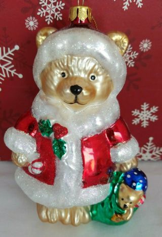 Vintage Bk Brass Key Glass Christmas Ornament Santa Teddy Bear With Toys Rare