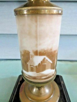 Antique Frosted & Etched Glass Kerosene Oil Lamp With Sepia Stem Iron Base 2