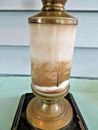 Antique Frosted & Etched Glass Kerosene Oil Lamp With Sepia Stem Iron Base 3