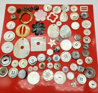 70 Antique Vintage Carved Mother Of Pearl Shell Mop Buttons & Jewelry Pendants