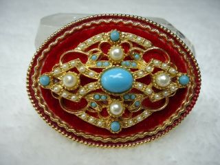 Vtg Rare Victorian Red Velvet Faux Pearl Turquoise Gold Tone Brooch Signed " Art "