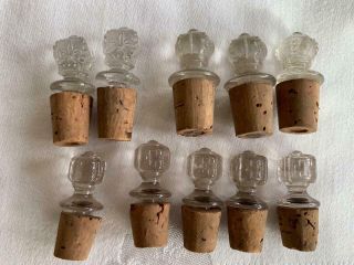10 Antique Apothecary Bottle Glass Stoppers With Embossed Tops & Corks