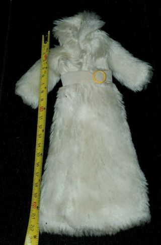 Vintage Barbie Doll Long White Fur Coat With Yellow Belt Buckle