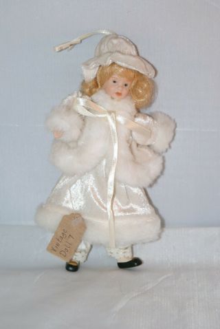 Vintage Porcelain Ibory Cream Furry Winter Miniature Doll On Back 7448a