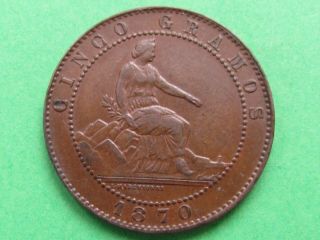 Spain (1870 Unc) 5 Centimos Rare Copper Coin,  Unc